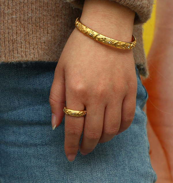 Davina Sun & Moon Engraved 18K Gold-Plated Bangle Bracelet