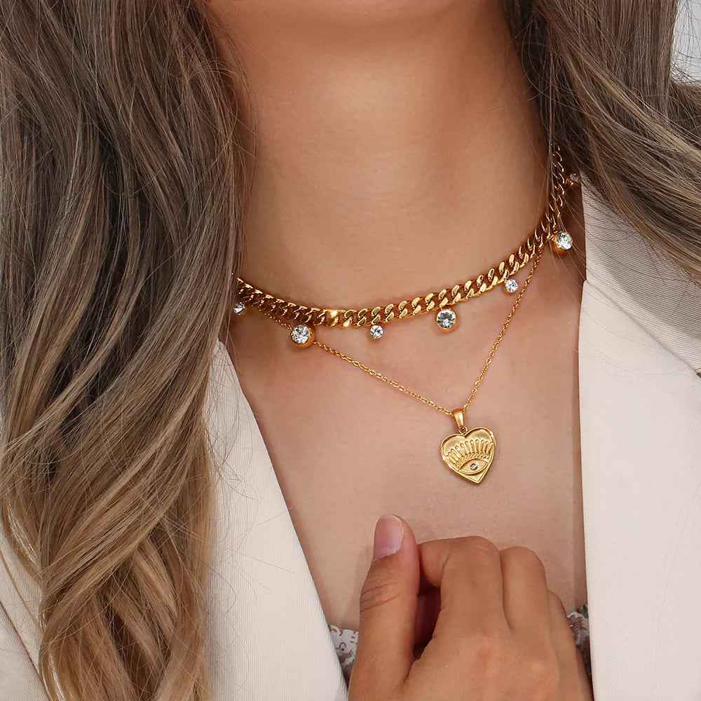 Selene 18K Gold-Plated Chunky Cuban Chain Zircon Charm Necklace